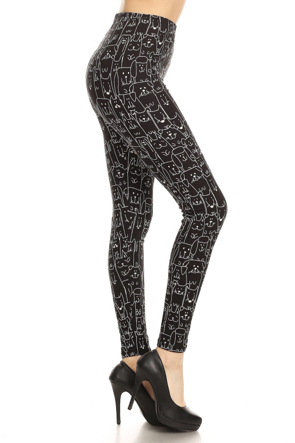 Leggings Depot LDR-R924W Black With White Dogs Full Length One Size Leggings