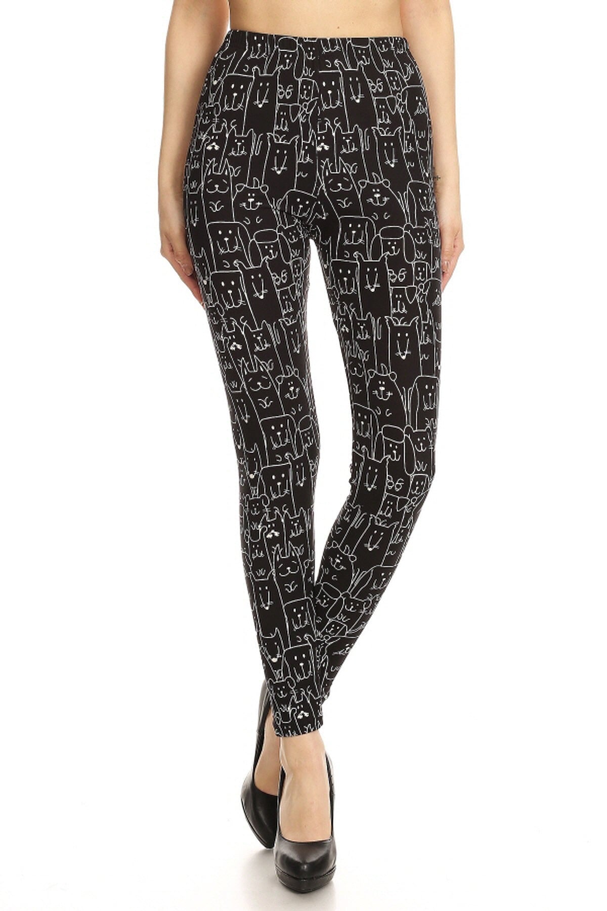 Leggings Depot LDX-R924W PLUS Black With White Dogs Full Length One Size Leggings