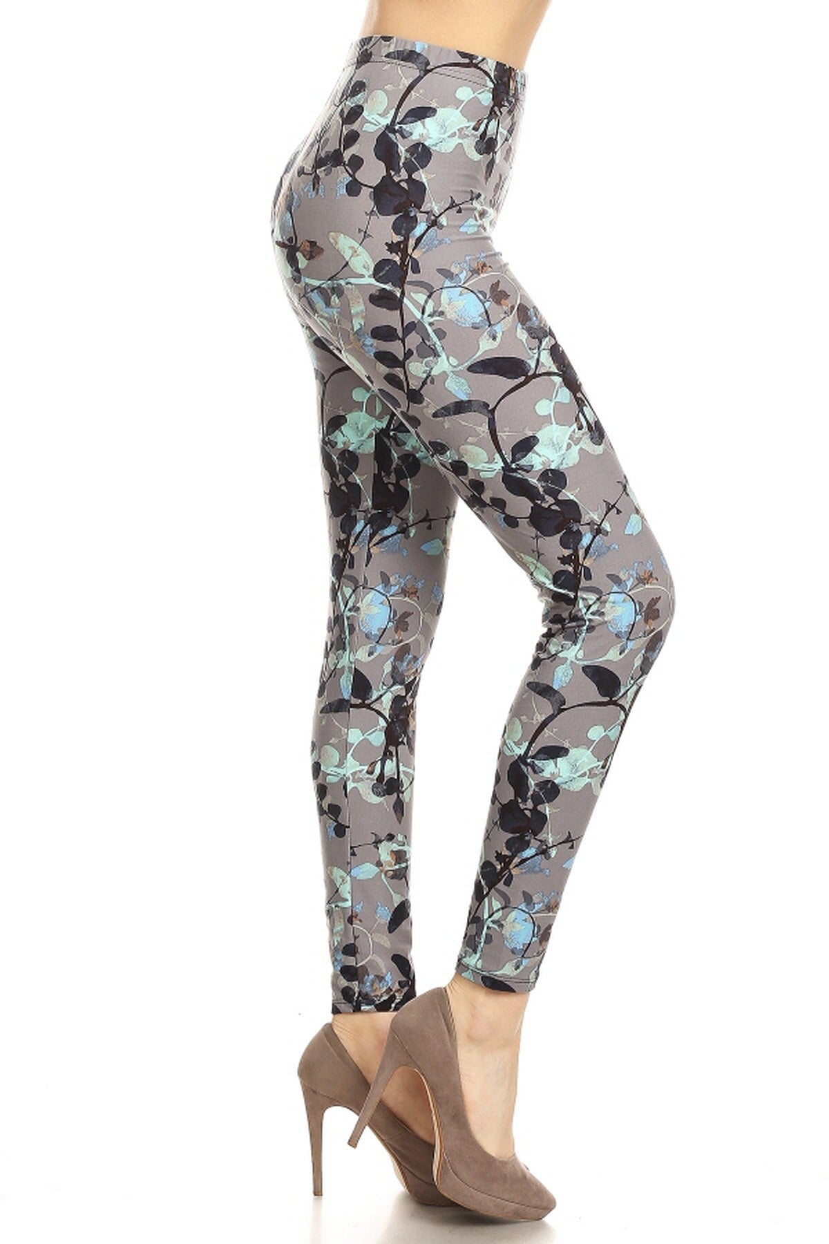 Leggings Depot LDR-R942 Grey With Black and Blue Vines Full Length One Size Leggings