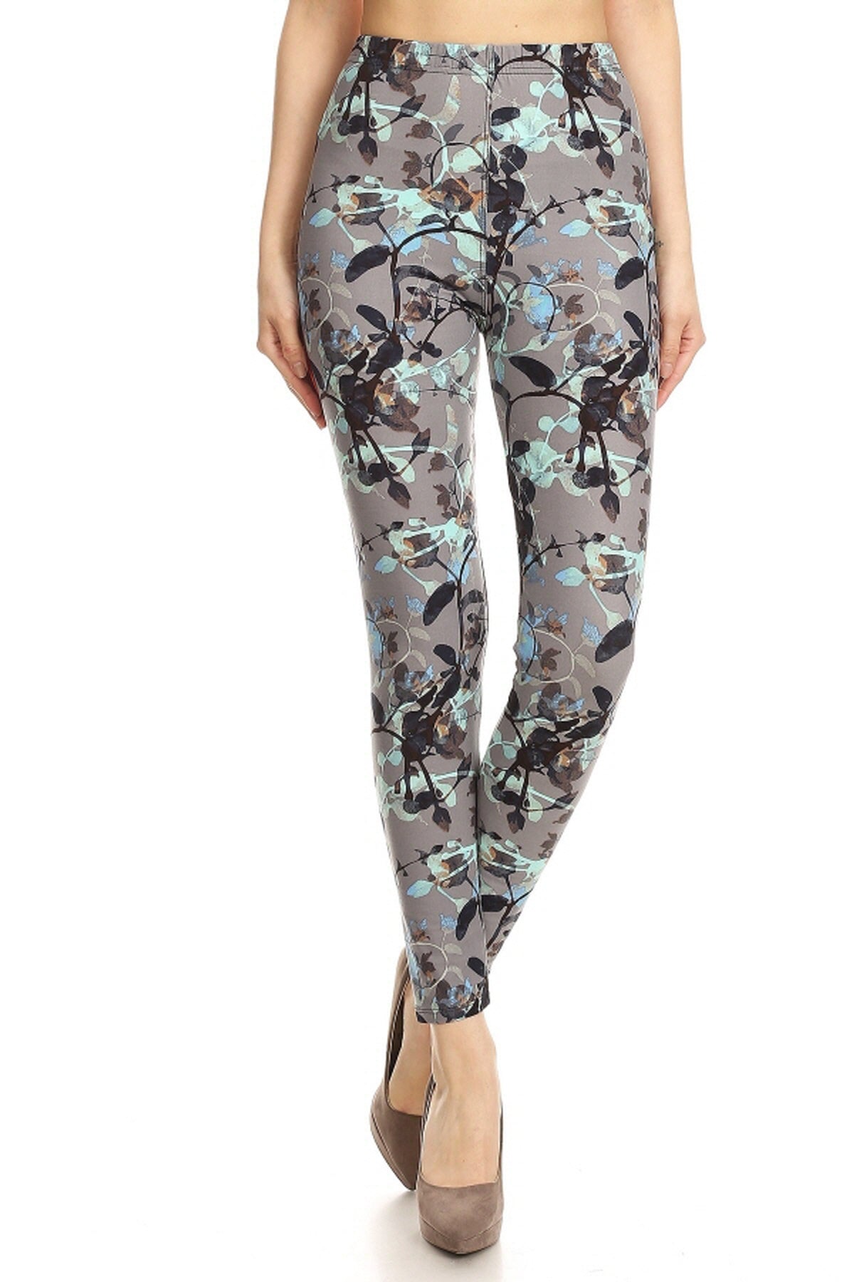Leggings Depot LDR-R942 Grey With Black and Blue Vines Full Length One Size Leggings