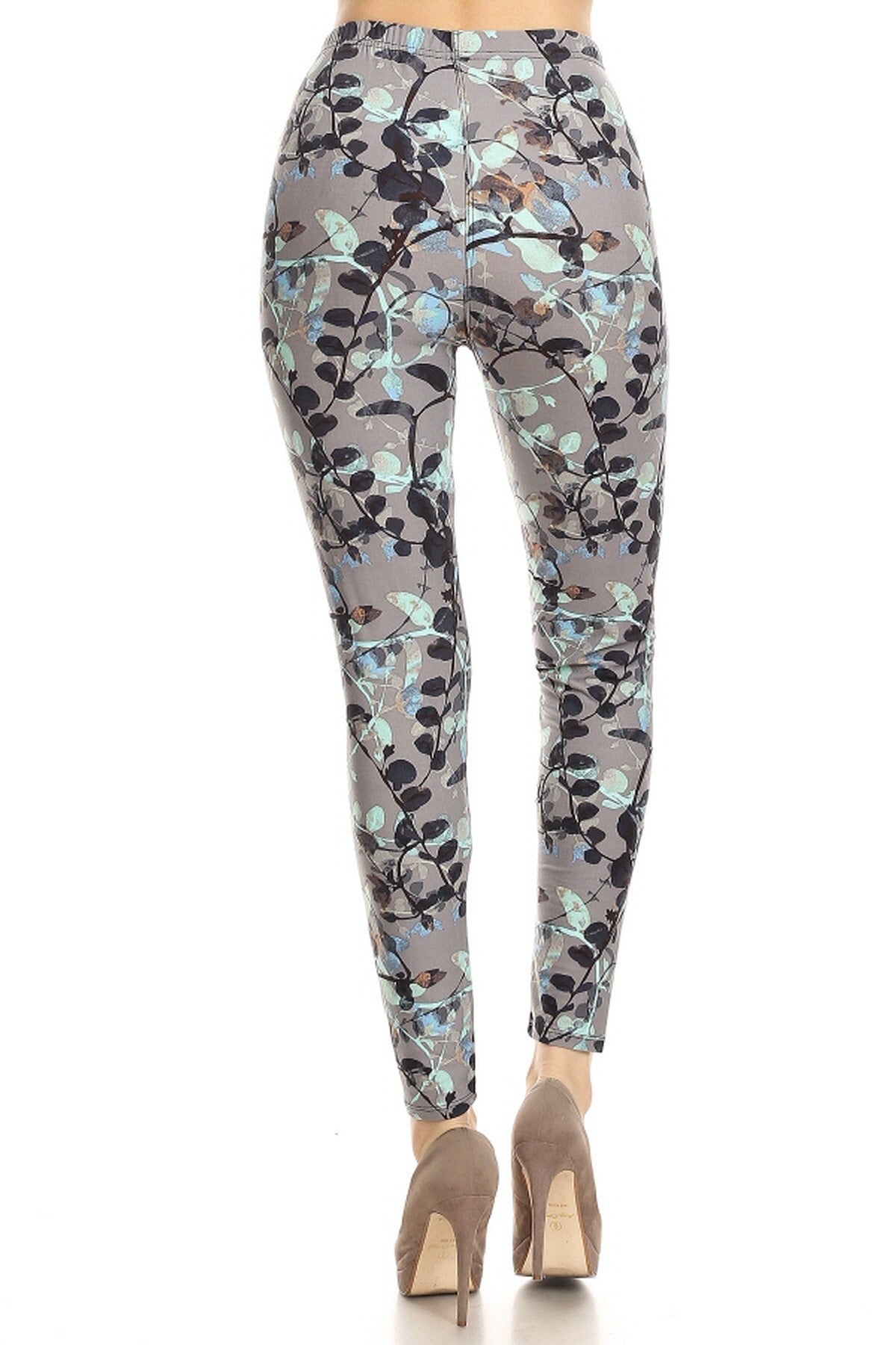 Leggings Depot LDR-R942 Grey With Black and Blue Vines Full Length One Size Leggings