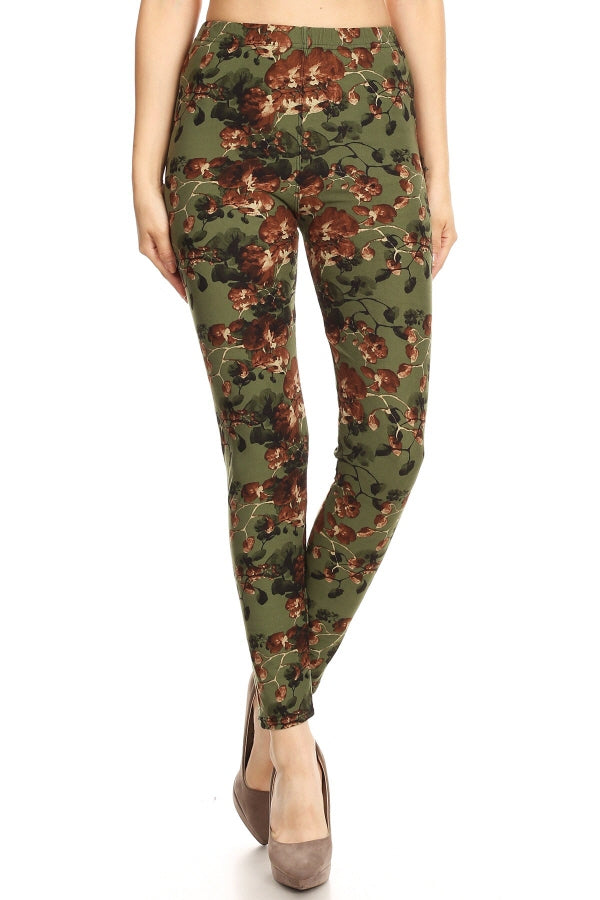 Leggings Depot LDR-S612 Green With Red Flowers Full Length One Size Leggings
