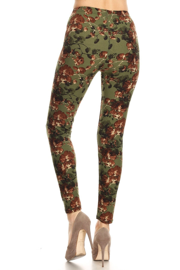 Leggings Depot LDR-S612 Green With Red Flowers Full Length One Size Leggings