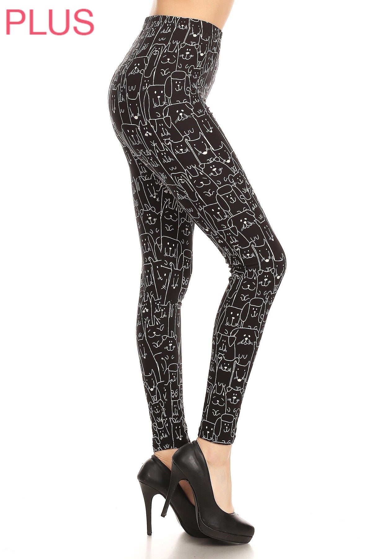 Leggings Depot LDX-R924W PLUS Black With White Dogs Full Length One Size Leggings