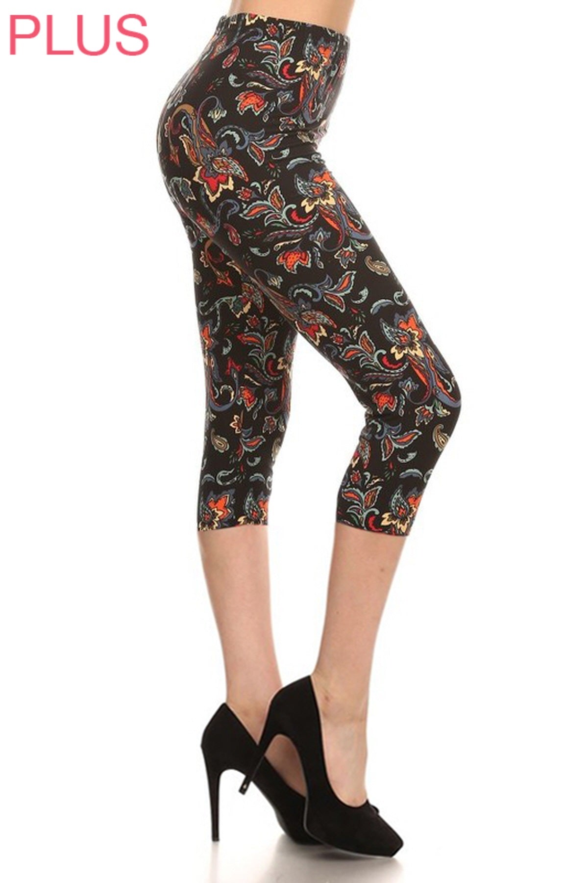 Leggings Depot CPX-R544 PLUS Black Multicolor Floral One Size Capri Leggings