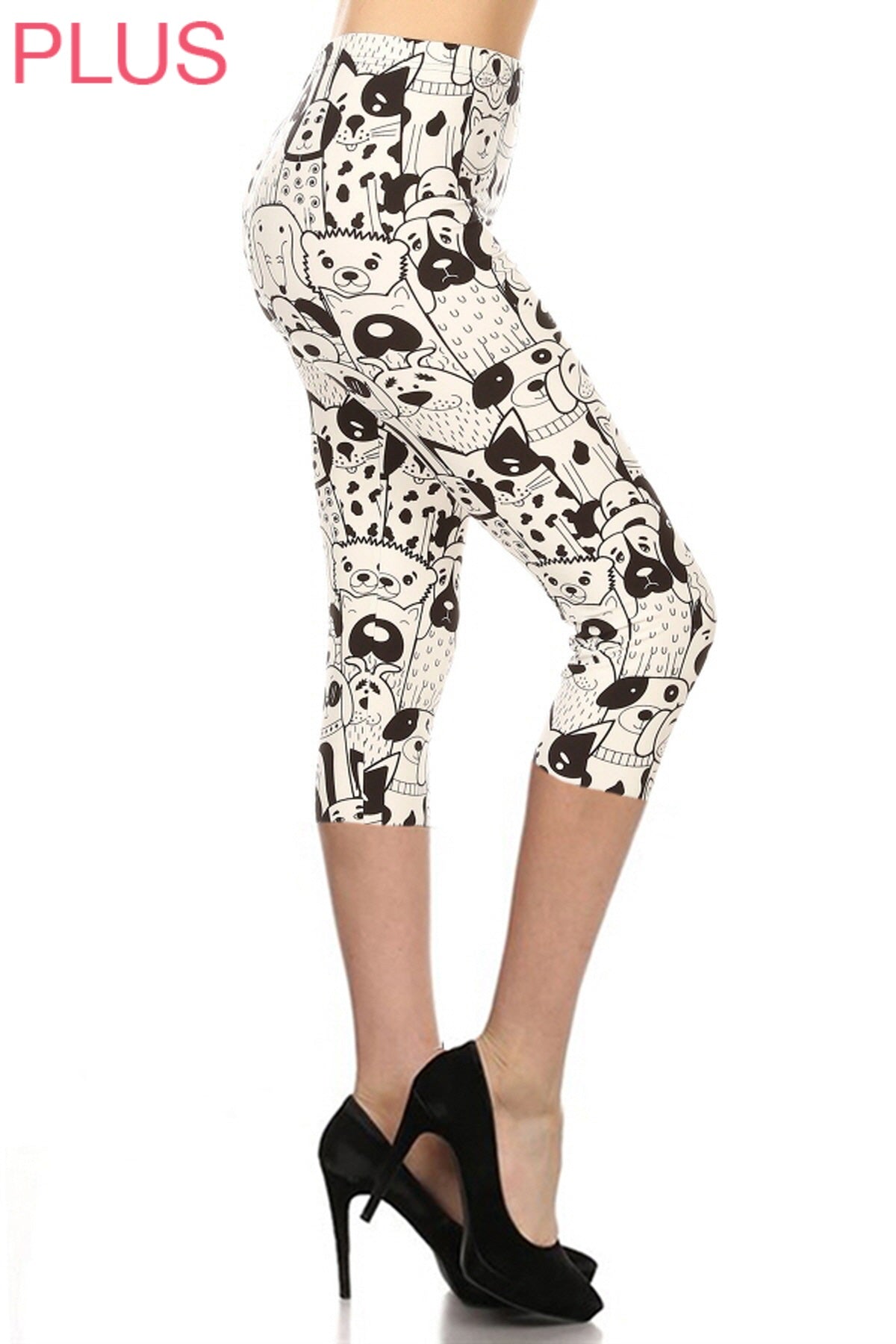 Leggings Depot CPX-S679W PLUS Black Dogs On White One Size Capri Leggings