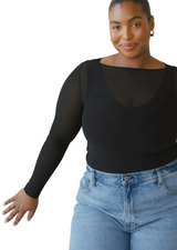 Elietian ET1601PBK Black Curvy Fit One Size Sheer Mesh Long Sleeve Top