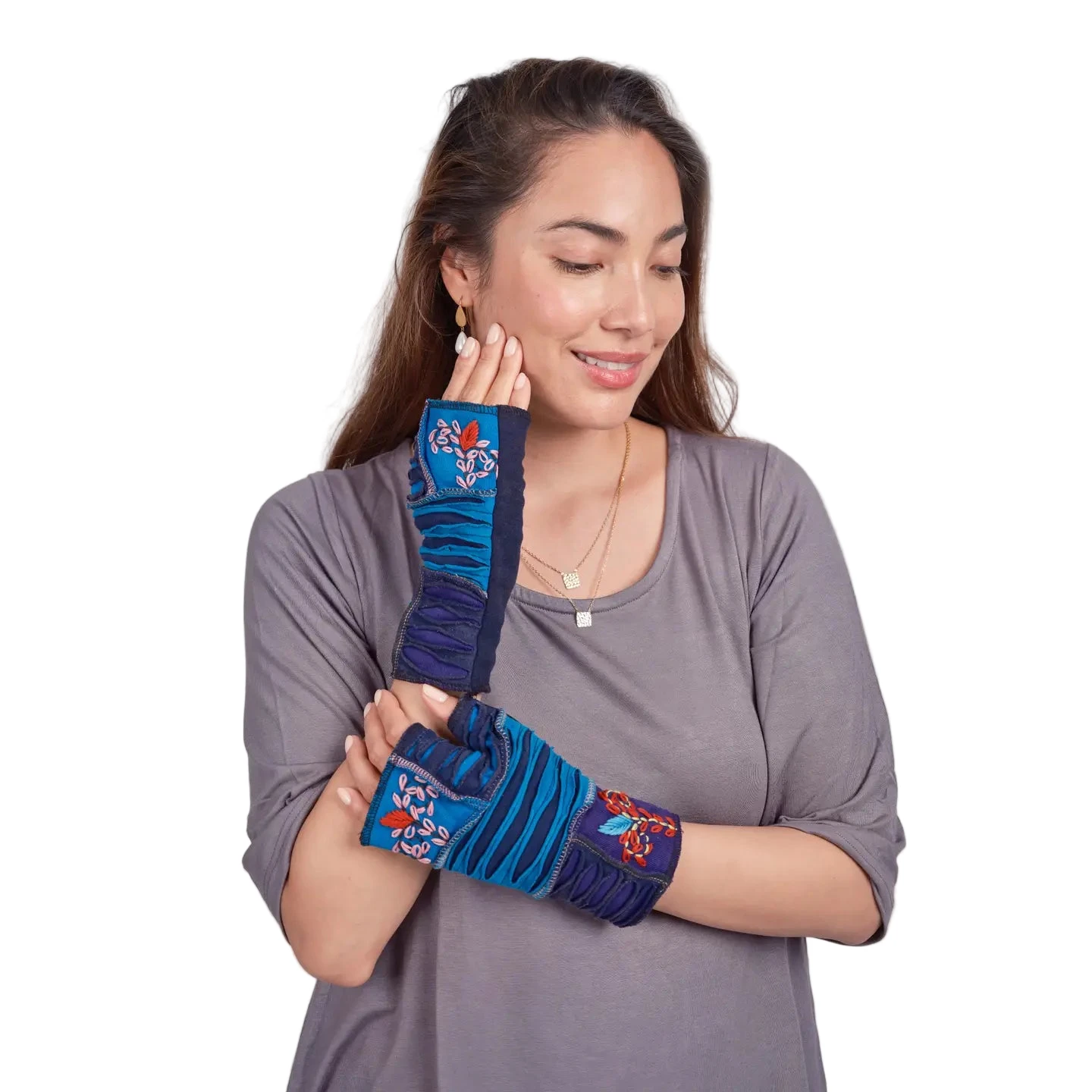 Windhorse Trading 9001BU BLUE Embroidered Cotton Hand Warmer Fingerless Gloves