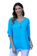 Orange Fashion Village ART17546T TURQUOISE Wood Button Sleeve Detail Linen Top