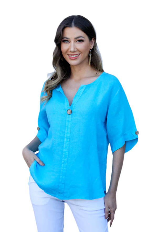 Orange Fashion Village ART17546T TURQUOISE Wood Button Sleeve Detail Linen Top