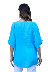 Orange Fashion Village ART17546T TURQUOISE Wood Button Sleeve Detail Linen Top