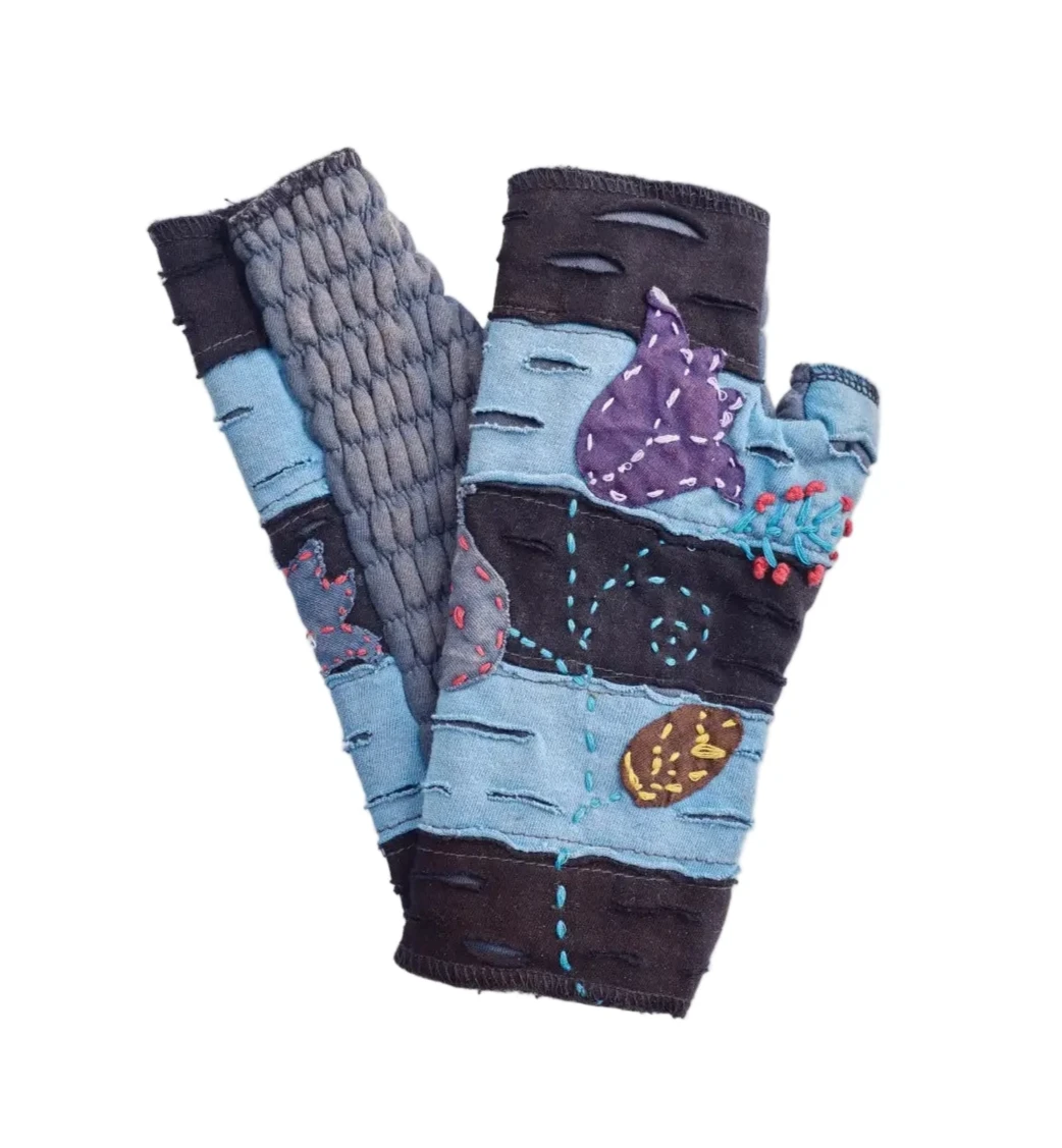 Windhorse Trading 8127BU BLUE Tulip Embroidered Cotton Hand Warmer Fingerless Gloves