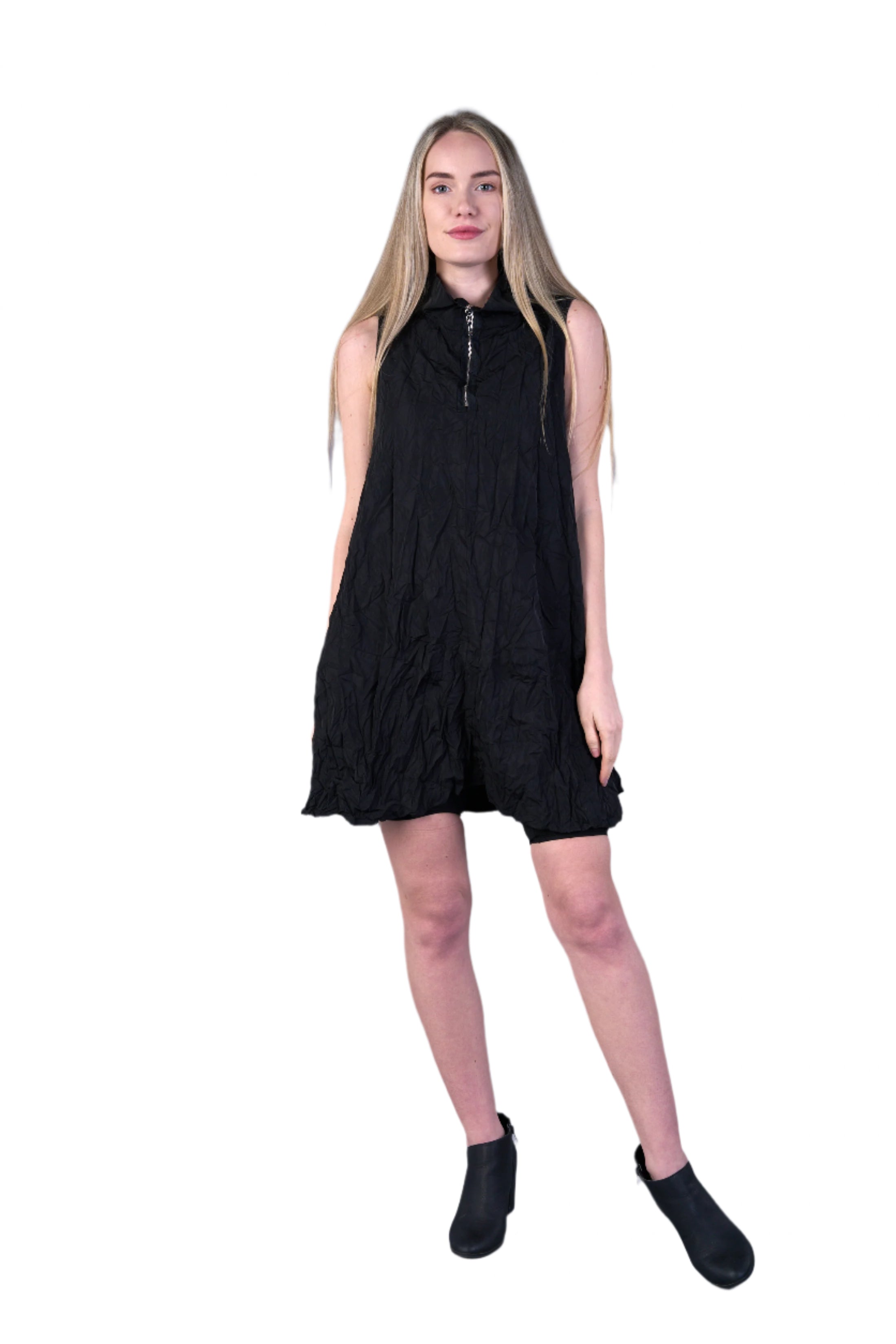 Shana 24528BK Solid Black Parachute Crush Short Zip Neck Sleeveless Tank Dress