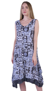 Shana 25010BK Black and White Pattern Sleeveless V-Neck Crinkle Dress