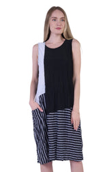 Shana 25079BK Black and White Solid and Stripe Round Neck Sleeveless Tank Dress With Pocket