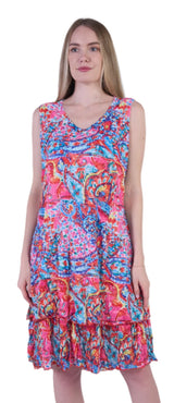 Shana 25094P Pink Layered Hem Sleeveless V-Neck Short Crinkle Dress