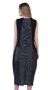 Shana 25154BK Solid and Patterned Black Patchwork Round Neck Sleeveless Dress With Pockets