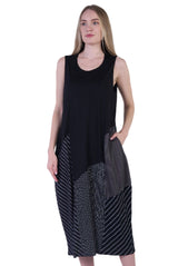 Shana 25154BK Solid and Patterned Black Patchwork Round Neck Sleeveless Dress With Pockets