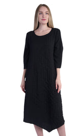 Shana 25231BK Solid Black Round Neck 3/4 Sleeve Dress With Asymmetric Hemline