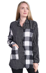 Shana 25500BK Black and White Check and Plaid Mixed Media One Pocket Crushed Button Front Shirt