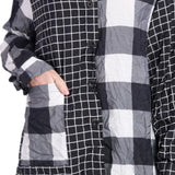 Shana 25500BK Black and White Check and Plaid Mixed Media One Pocket Crushed Button Front Shirt