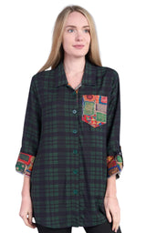 Shana 25507GN Green Plaid Boyfriend Shirt With Floral Printed Back Panel & Front Pocket