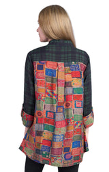 Shana 25507GN Green Plaid Boyfriend Shirt With Floral Printed Back Panel & Front Pocket