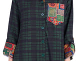 Shana 25507GN Green Plaid Boyfriend Shirt With Floral Printed Back Panel & Front Pocket