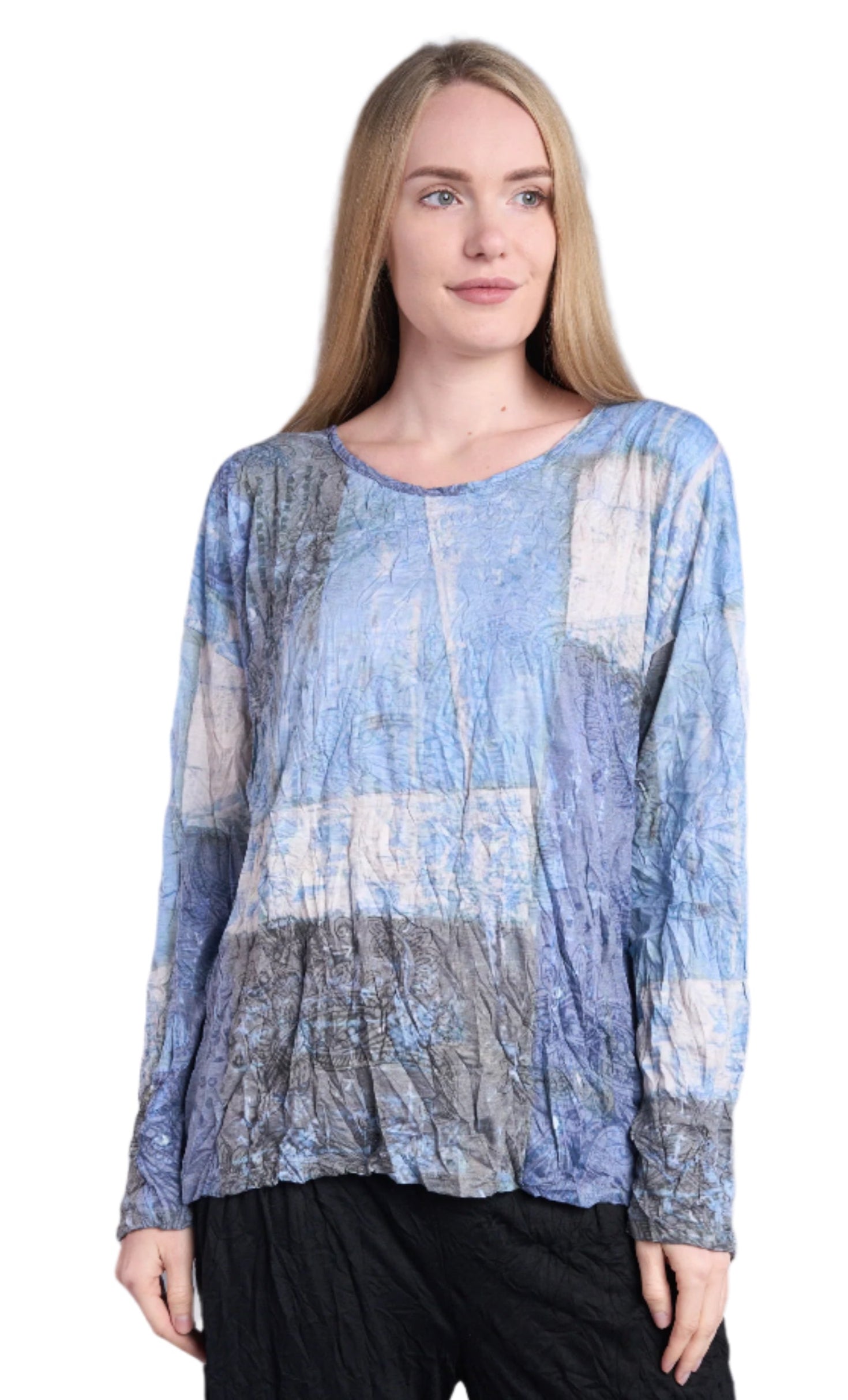 Shana 25601BU Blue Crinkle Button Back Scoop Neck Long Sleeve Top