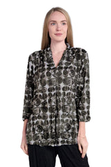 Shana 25604C Circles Grey and White Crinkle Pleated V-Neck Top