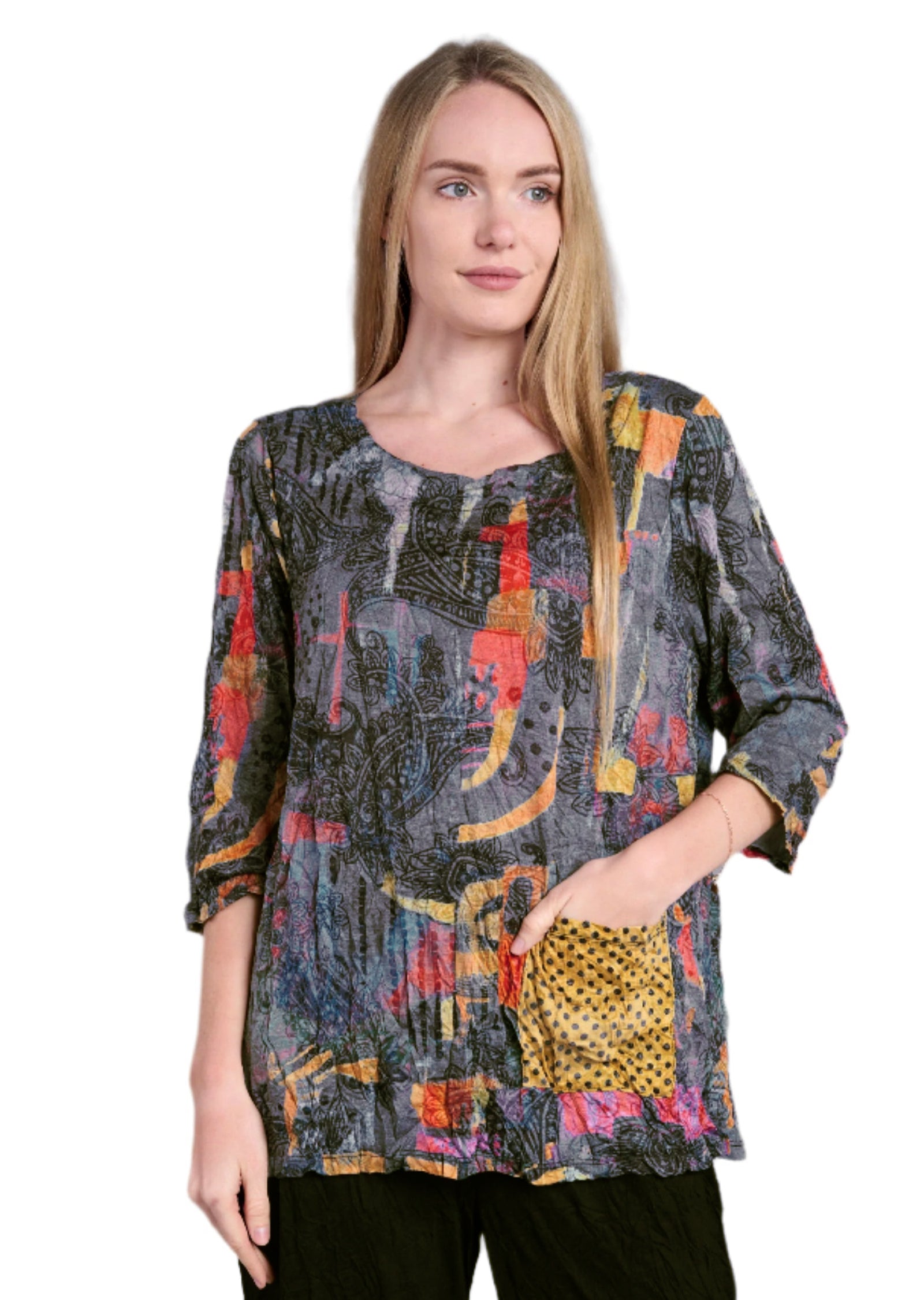 Shana 25606MU Multicolor 3/4 Sleeve Round Neck Crinkle Dot Pocket Top