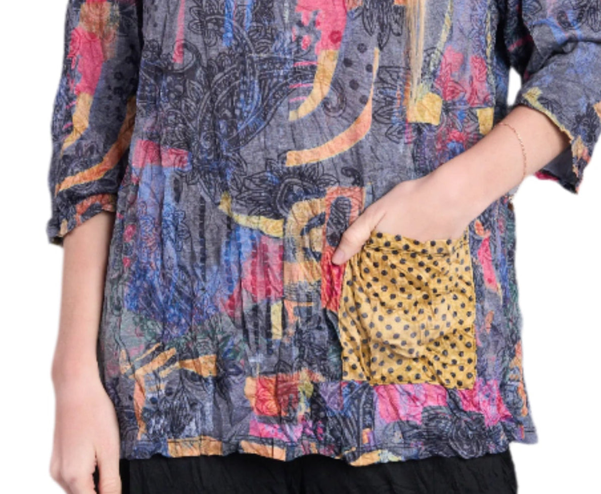 Shana 25606MU Multicolor 3/4 Sleeve Round Neck Crinkle Dot Pocket Top
