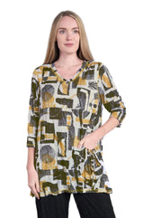 Shana 25615MUS Mustard Tunic Length V-Neck 3/4 Sleeve Crinkle One Pocket Top