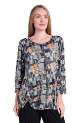 Shana 25616SQ Blue Orange Black Squares 3/4 Sleeve Crinkle Knot Top