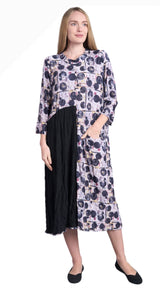 Shana 25679BK Black European Crush Drop Waist Mixed Media Dress With Pocket