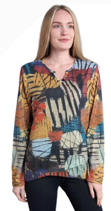 Shana 25724LN Lines Slub Knit Button Detail Long Sleeve Notched Neckline Asymmetric Hem Top