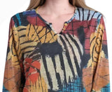 Shana 25724LN Lines Slub Knit Button Detail Long Sleeve Notched Neckline Asymmetric Hem Top