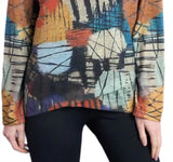 Shana 25724LN Lines Slub Knit Button Detail Long Sleeve Notched Neckline Asymmetric Hem Top