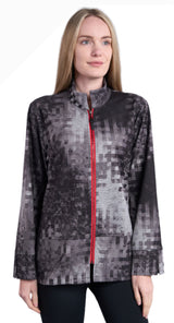 Shana 25838BK Black and Grey Faded Check Printed Suede Jacket With Red Front Zipper