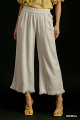 Umgee N6667OA Oatmeal Linen Blend Elastic Waistband Wide Leg Pants, Side Pockets, & Frayed Hem Bottoms