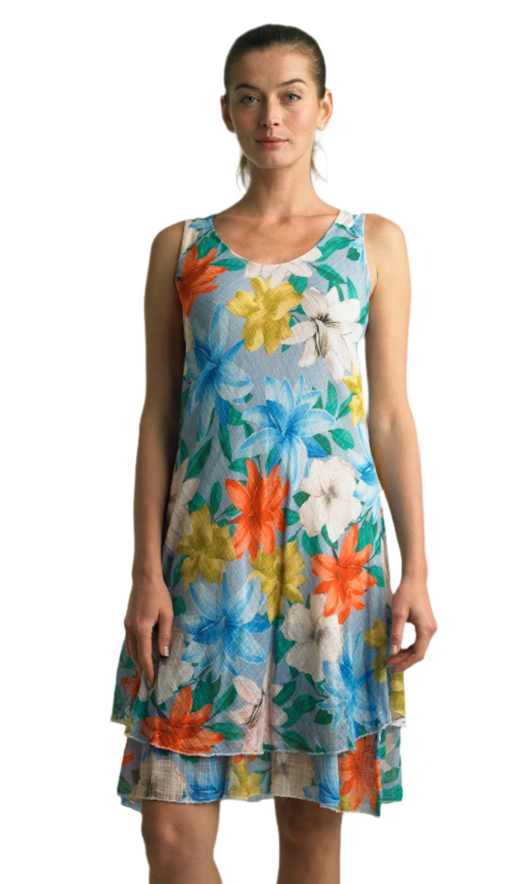 Tempo Paris 3815CB Blue 100% Cotton Gauze Bias Cut Sleeveless Dress