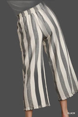 Umgee K6455BK Black Striped Unlined Pants with Frayed Hem and Pockets
