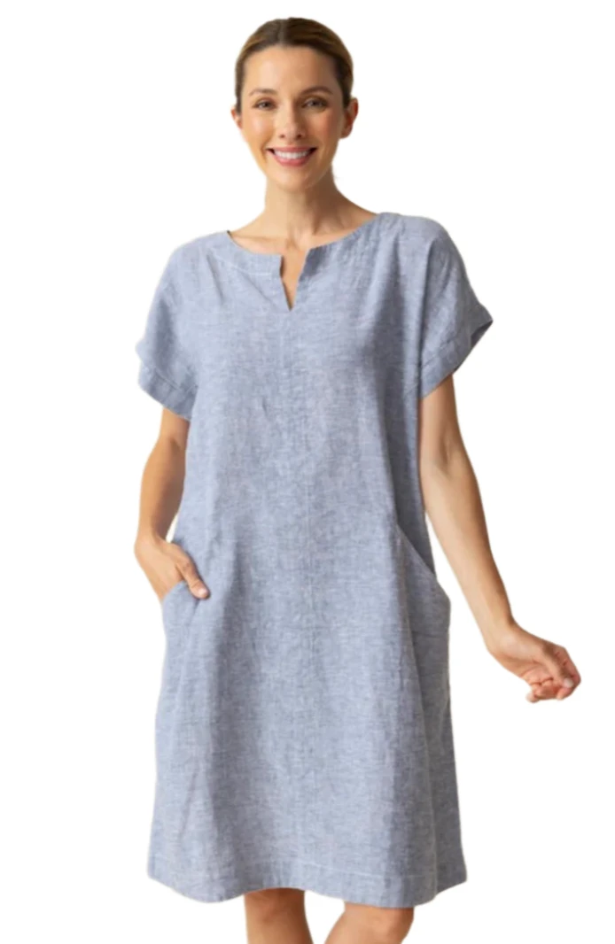 Habitat 41590IN INDIGO Short Sleeve Linen Bethany Dress With Pockets
