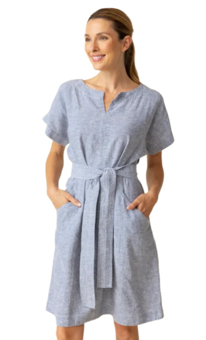 Habitat 41590IN INDIGO Short Sleeve Linen Bethany Dress With Pockets