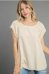 Umgee R9094OA Oatmeal Rayon & Linen Round Neck Top With Frayed Details