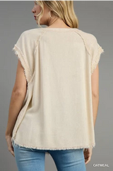 Umgee R9094OA Oatmeal Rayon & Linen Round Neck Top With Frayed Details