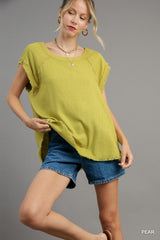 Umgee R9094PR Pear Rayon & Linen Round Neck Top With Frayed Details