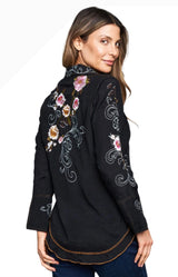 Paparazzi 5017MAT Black Rayon Floral Embroidered Button Front Shirt