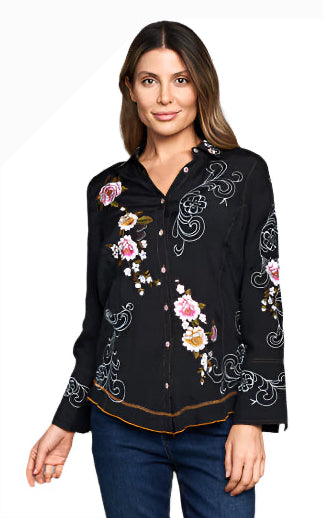 Paparazzi 5017MAT Black Rayon Floral Embroidered Button Front Shirt