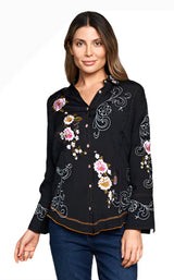 Paparazzi 5017MAT Black Rayon Floral Embroidered Button Front Shirt